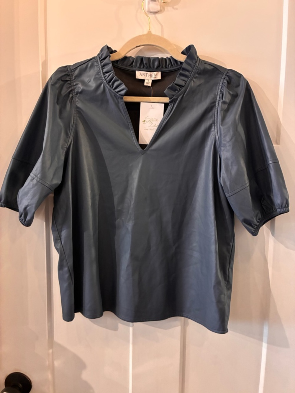 Slate Blue Faux-Leather V-Neck Ruffle Puff Sleeve Top